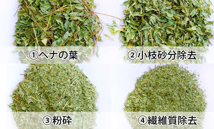 マハラニヘナのこだわり:原材料に混ざりこむ不純物を、長年培った独自な製法により徹底的に除去。